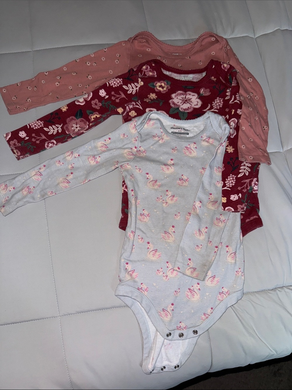 Baby Long-Sleeve One-Piece Bodysuit - Pink, Burgundy & Baby Blue Swan Prints